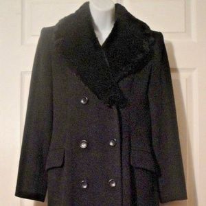 Anne Klein  Black Long Wool Coat Faux Fur Collar sz 4